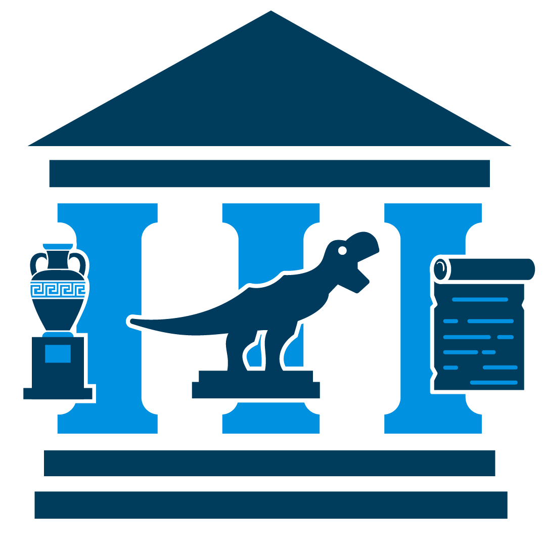 Museum icon with a dino in the front middle