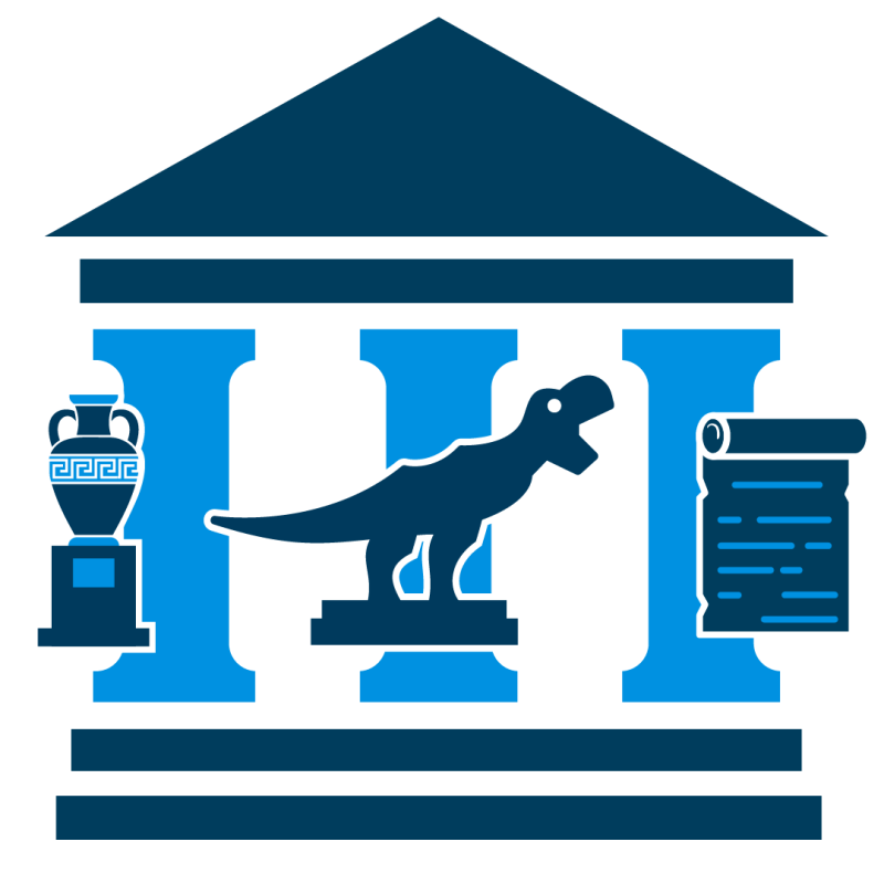 Museum icon with a dino in the front middle